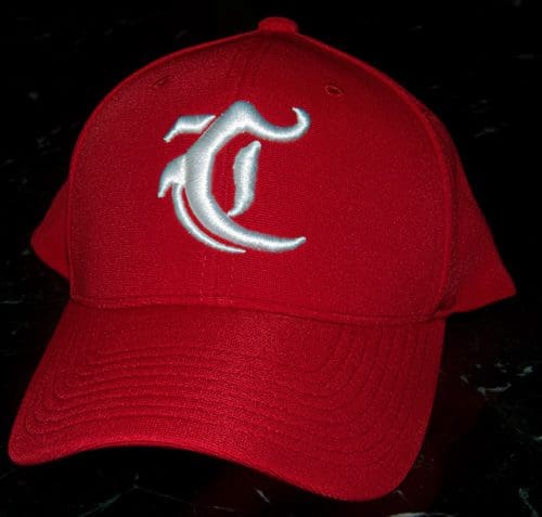 A red hat with the letter c on it.