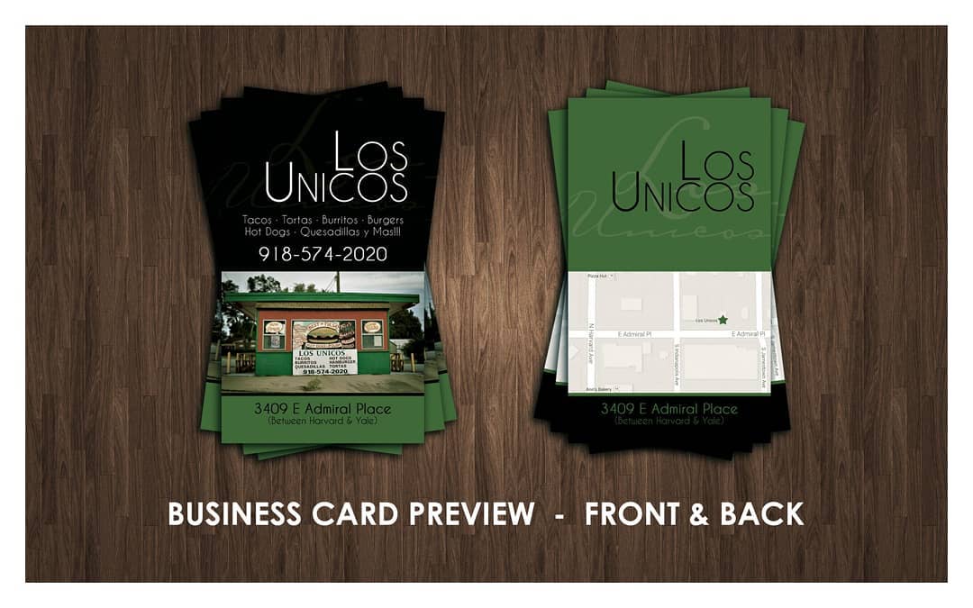 A business card is shown next to the back of it.